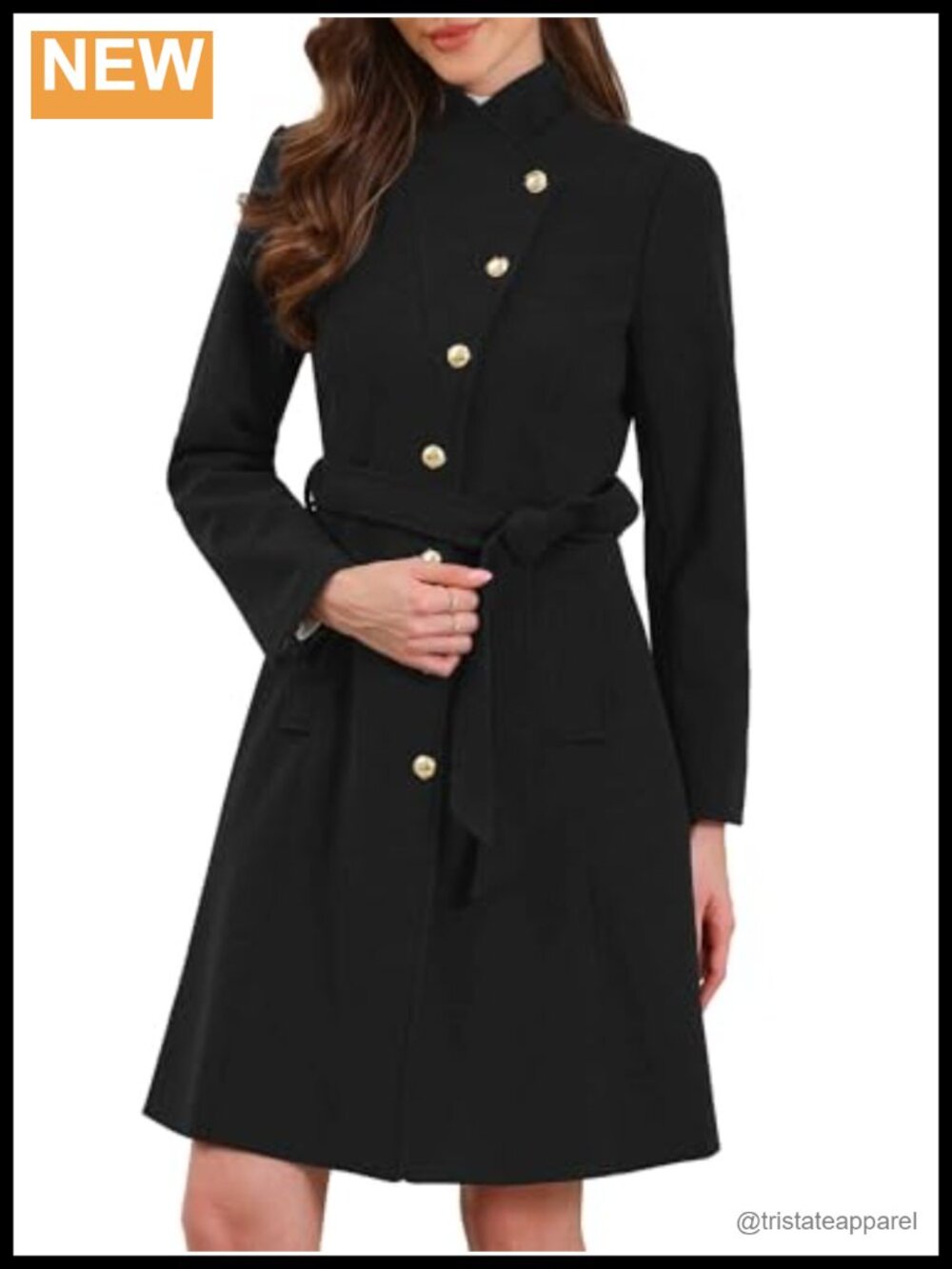 Womens Pea Coat Long Winter Stand Collar Belted Trench Coat Warm